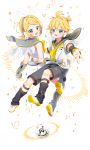  1boy 1girl :d angel_wings arami_o_8 armpit_peek back_cutout bangs bass_clef black_sailor_collar black_shorts blonde_hair blue_eyes blush bow bowtie brother_and_sister commentary_request confetti detached_sleeves eyebrows_visible_through_hair feathered_wings full_body grey_sailor_collar hair_between_eyes hair_bow hair_intakes hair_ornament hairclip hand_on_another&#039;s_back hand_on_another&#039;s_stomach headphones highres kagamine_len kagamine_rin leg_warmers looking_at_viewer nail_polish necktie open_mouth reaching_out sailor_collar shirt shoes short_hair short_shorts short_sleeves shorts siblings simple_background sleeveless sleeveless_shirt smile star star_in_eye streamers symbol_in_eye treble_clef twins upper_body vocaloid white_background white_footwear white_shirt white_shorts wings yellow_nails yellow_neckwear 