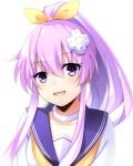  1girl :d bangs blush bow collarbone commentary_request d-pad d-pad_hair_ornament doria_(5073726) eyebrows_visible_through_hair hair_between_eyes hair_bow hair_ornament long_hair looking_at_viewer neckerchief nepgear neptune_(series) open_mouth ponytail purple_eyes purple_hair sailor_collar sidelocks simple_background smile solo upper_body white_background white_serafuku yellow_bow yellow_neckwear 