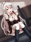  1girl 9a-91 9a-91_(girls_frontline) :d apron assault_rifle bangs blue_eyes blush boots breasts cross-laced_footwear dutch_angle girls_frontline gun hair_ornament hand_up highres knee_boots knees_together_feet_apart lace-up_boots long_hair looking_at_viewer maid maid_headdress medium_breasts open_mouth rabochicken rifle silver_hair sitting smile solo thighhighs very_long_hair weapon 