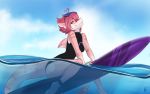  2019 anthro breasts day detailed_background digital_media_(artwork) eyebrows eyelashes female fin firetally fish hair marine non-mammal_breasts outside partially_submerged pink_hair shark shrimp_(uk_brony) sky smile solo 