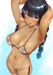  1girl absurdres armpits arms_behind_head arms_up bangs bikini black_hair blush braid breasts breath character_request cleavage collarbone copyright_request dark_skin eyebrows_visible_through_hair from_above hair_ornament hairclip highres large_breasts long_hair looking_at_viewer micro_bikini navel open_mouth original pija_(pianiishimo) purple_eyes side-tie_bikini skindentation smile solo standing steam sweat swimsuit thighhighs twin_braids virtual_youtuber white_bikini white_legwear 