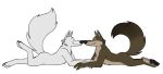  2020 anthro black_nose brown_body brown_fur butt canid canine canis chest_tuft claws disney duo eyes_closed fur gary_(zootopia) larry_(zootopia) lying mammal nose_to_nose nude on_front pawpads side_view simple_background skunkbutt_(artist) smile toe_claws tuft white_background white_body white_fur wolf zootopia 