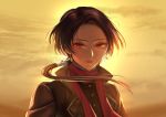  1boy backlighting bandages bangs brown_hair crying crying_with_eyes_open earrings floating_hair hiki_yuichi jewelry kashuu_kiyomitsu long_hair long_sleeves looking_at_viewer male_focus mole mole_under_mouth parted_bangs parted_lips ponytail red_eyes red_scarf scarf solo sunset teardrop tears touken_ranbu upper_body 