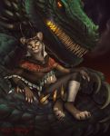  2019 5_fingers ambiguous_gender anthro clothed clothing digital_media_(artwork) dragon felfi felid feline feral fingers green_body green_scales heterochromia male mammal rogueliger scales smile whiskers 