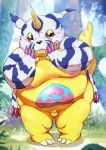  2019 anthro balls belly blush bodily_fluids cum digimon digimon_(species) gabumon genital_fluids hi_res humanoid_hands male moobs nipples overweight overweight_male penis rodemaru small_penis solo 