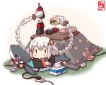  1girl ahoge bottle braid cable cola commentary_request cup electric_plug electric_socket fast_food food game_console hair_ornament hamburger handheld_game_console highres holding_handheld_game_console ikea_shark kanon_(kurogane_knights) kizuna_akari kotatsu long_hair lying mug nintendo_switch on_back playing_games plug prehensile_hair shark silver_hair soda_bottle solo stuffed_animal stuffed_shark stuffed_toy table tissue tissue_box toothbrush toothpaste twin_braids under_kotatsu under_table voiceroid 