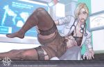  1girl abs black_bra black_legwear blonde_hair blue_eyes bra covered_nipples diploma doctor english_text eyewear_in_mouth garter_straps garters glasses gorilla labcoat mercy_(overwatch) mila_the_mute mouth_hold open_clothes open_shirt overwatch shorts solo stethoscope thighhighs underwear winston_(overwatch) x-ray 