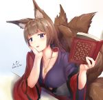  1girl amagi_(azur_lane) animal_ears azur_lane book brown_hair chin_rest dated english_commentary fox_ears fox_tail hand_on_own_cheek highres holding holding_book japanese_clothes jewelry kimono multiple_tails necklace purple_eyes ring s.claw tail wedding_ring 