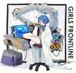  1girl 3o_c ahoge alternate_costume bandaid bandaid_on_knee bangs blue_hair blue_shorts can chair collar collared_shirt computer copyright_name crossed_legs drink drinking english_text girls_frontline glasses hair_between_eyes hair_ornament highres holding k11_(girls_frontline) labcoat long_hair long_sleeves looking_at_viewer matter_manipulator messy_hair office_chair pink_eyes shirt shorts side_ponytail simple_background sitting soda soda_can solo white_background wire younger 