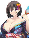  bare_shoulders blue_eyes breasts hair_ornament highres japanese_clothes kimono large_breasts looking_at_viewer original sanpaku shiki_(psychedelic_g2) short_hair simple_background smile sweat 