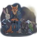  2018 anthro barefoot belt blurred_background bottomwear canid canine clothed clothing crossed_arms crossover dipstick_ears disney fox fully_clothed fur grey_body grey_fur group judy_hopps lagomorph leporid looking_at_another mammal multicolored_ears necktie nick_wilde orange_body orange_fur pants purple_eyes rabbit red_fox shirt standing the_nut_job topwear yinller zootopia 