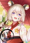  1girl absurdres bangs black_nails blonde_hair blush commentary_request eyebrows_visible_through_hair hair_between_eyes happy_new_year highres holding holding_umbrella japanese_clothes kazanock kimono new_year open_mouth original red_umbrella short_hair solo teeth translation_request umbrella 