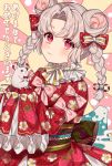  1girl animal bangs bow bowtie braid chinese_zodiac closed_mouth commentary_request double_bun eyebrows_visible_through_hair floral_print grey_hair hair_bow japanese_clothes karokuchitose kimono light_smile long_hair long_sleeves looking_at_viewer mouse nengajou new_year obi original parted_bangs pink_bow polka_dot polka_dot_bow print_kimono red_bow red_eyes red_kimono red_neckwear sash sleeves_past_fingers sleeves_past_wrists solo striped striped_bow sunburst sunburst_background translation_request twin_braids twintails upper_body year_of_the_rat 