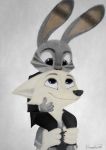 2017 alternate_version_at_source ambiguous_gender anthro arctic_fox black_stripes canid canine carrying clothed clothing disney duo ear_markings facial_markings fox fully_clothed fur grey_body grey_fur head_markings jack_savage lagomorph leporid looking_at_another mammal markings on_shoulders rabbit sergeyfoxx skye_(zootopia) stripes suit white_body white_fur zootopia 