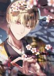  1boy arrow blonde_hair cherry_blossoms close-up earrings fate/stay_night fate_(series) gilgamesh hamaya highres japanese_clothes jewelry kimono looking_at_viewer male_focus red_eyes sakura_hitsuji solo 