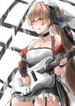  1girl alternate_costume alternate_hairstyle beret black_gloves black_skirt breasts brown_eyes choker cleavage commentary_request cowboy_shot electric_guitar fingerless_gloves frilled_skirt frills gloves guitar hat highres instrument johnston_(kantai_collection) kamaboko_senshi kantai_collection light_brown_hair long_hair medium_breasts off_shoulder pleated_skirt side_ponytail single_glove skirt solo standing tongue tongue_out white_headwear 