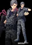  1boy backpack bag belt belt_pouch black_background black_gloves boots camouflage clenched_hand company_name copyright_name gloves grey_hair gun hand_up highres holding holding_gun holding_weapon kirishima_satoshi looking_at_viewer official_art pouch simple_background standing thigh_strap watermark weapon z/x zoom_layer 