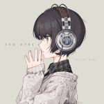  1girl artist_name black_hair collared_shirt from_side grey_eyes hands_together headphones long_sleeves looking_away nagu original parted_lips shirt short_hair solo sweater 