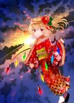  1girl alternate_costume artist_name bangs black_footwear blonde_hair bow cloud cloudy_sky commentary_request dutch_angle flandre_scarlet floating_hair floral_print flower flower_request full_body glowing glowing_wings hair_between_eyes hair_flower hair_ornament hands_up japanese_clothes kimono leaf_hair_ornament long_sleeves looking_at_viewer morning nail_polish obi off_shoulder one_side_up out_of_frame outdoors pink_bow pointy_ears red_eyes red_flower red_kimono red_nails reflection ripples sakipsakip sash shide shiny shiny_hair short_hair sidelocks sky sleeves_past_wrists smile solo standing standing_on_liquid sun sunlight tabi touhou twitter_username white_legwear wide_sleeves wings 