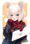  1girl 2020 animal_ears aqua_eyes black_serafuku blush_stickers cardigan cheese cheese_hair_ornament chestnut_mouth commentary_request food highres letter looking_at_viewer meth_(emethmeth) mouse_ears mouse_girl neckerchief nengajou new_year original platinum_blonde_hair red_scarf scarf school_uniform serafuku short_hair signature solo upper_body 