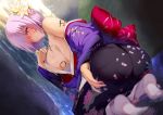  1girl ass bare_shoulders black_skirt blush body_writing breasts fate/grand_order fate_(series) floral_print flower hair_flower hair_ornament hair_over_one_eye highres kneeling large_breasts lavender_hair long_sleeves looking_at_viewer looking_back mash_kyrielight off_shoulder open_mouth pantylines purple_eyes sash satou_daiji short_hair sideboob skirt socks solo water wet wide_sleeves 