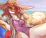  2019 5_fingers anthro beach blush breasts brown_body brown_fur brown_hair camel_toe canid canine canis clothed clothing digital_media_(artwork) dimmi_(character) dimwitdog domestic_dog eyewear female fingers fur glasses hair hi_res looking_at_viewer mammal one-piece_swimsuit outside seaside solo swimwear water 