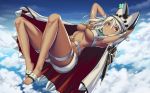  1girl armpits belt beltbra breasts cape closed_mouth cloud cloudy_sky clover colored_eyelashes dark_skin day flying four-leaf_clover guilty_gear guilty_gear_xrd hair_between_eyes hat highres looking_at_viewer medium_breasts o-ring o-ring_top orange_eyes platinum_blonde_hair ramlethal_valentine short_shorts shorts skindentation sky solo takanashi-a thigh_strap underboob 