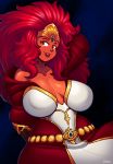  1girl arm_behind_back arm_behind_head bare_shoulders blaz_b._aros blazbaros breasts cleavage crown gauntlets gold_trim highres huge_breasts jewelry large_breasts magnus_the_red red_clothes red_eyes red_hair red_lips red_robe red_skin sitting sky solo star third_eye warhammer_40k wide_hips wild_hair 