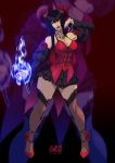  1girl black_hair blue_fire breast_tattoo breasts cleavage coattails commission corset demon_horns detached_sleeves eliza_(tekken) fangs fire flower full_body glowing glowing_eyes high_heels highres hime_cut horns lace lace-trimmed_legwear large_breasts lipstick makeup pigeon-toed puffy_sleeves purple_lipstick red_footwear red_horns rose sheer_legwear slender_waist slit_pupils solo tattoo tekken tekken_7 thick_thighs thighhighs thighs tovio_rogers vampire yellow_eyes 