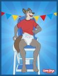  2020 5_fingers anthro blue_eyes brooks canid canine canis chair clothing colt3n diaper fingers fur furniture grey_body grey_fur happy male mammal open_mouth shirt sitting solo teeth topwear wolf 