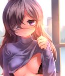  1girl blush bra breasts brown_hair building commentary_request eyepatch highres large_breasts long_hair looking_at_viewer medical_eyepatch neit_ni_sei nochise_karin one_eye_covered open_bra original purple_eyes shirt_lift skyscraper smile solo sunlight underwear upper_body window 