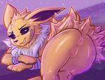  2019 3_toes abstract_background anus bandage bedroom_eyes black_eyes black_nose bodily_fluids butt chest_tuft digital_media_(artwork) dimwitdog ears_back eeveelution female feral fur genital_fluids half-closed_eyes hi_res jolteon long_ears lying narrowed_eyes nintendo on_side pivoted_ears pok&eacute;mon pok&eacute;mon_(species) presenting presenting_hindquarters pussy pussy_juice seductive smile smirk snout solo toes tuft video_games white_body white_fur yellow_body yellow_fur 
