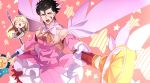  2boys ahoge black_hair blonde_hair blush_stickers cape chibi cosplay crossdressing dual_wielding elbow_gloves fate/grand_order fate/kaleid_liner_prisma_illya fate/zero fate_(series) fionn_mac_cumhaill_(fate/grand_order) gloves holding holding_wand long_hair magical_girl magical_ruby magical_sapphire male_focus mole multiple_boys muscle open_mouth polearm prisma_illya prisma_illya_(cosplay) spear wand weapon white_gloves ycco_(estrella) yellow_eyes 