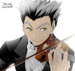  1boy black_hair black_jacket bokuto_koutarou bow bowtie closed_mouth collar collared_jacket collared_shirt cupi green_hair haikyuu!! holding holding_instrument instrument jacket looking_to_the_side male_focus multicolored_hair music playing_instrument shirt short_hair simple_background smile solo spiked_hair sweatdrop two-tone_hair upper_body violin white_background white_bow white_neckwear white_shirt yellow_eyes 