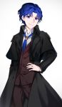  1boy blue_eyes blue_hair bolo_tie cosplay fate/stay_night fate_(series) hand_on_hip highres long_coat male_focus matou_shinji matou_zouken matou_zouken_(cosplay) short_hair solo wavy_hair ycco_(estrella) 