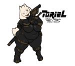 2019 4_toes 5_fingers alpha_channel anthro belly big_breasts black_eyes bodily_fluids bodysuit boss_monster bovid breasts caprine clothed clothing curvy_figure english_text eyelashes female fingers floppy_ears fur gun hair holding_object holding_weapon horn huge_breasts mammal mature_female melee_weapon navel one_eye_closed open_mouth overweight overweight_female ranged_weapon rosy_cheeks rubber rubber_suit short_tail skinsuit smile solo standing submarine_screw sword text thick_thighs tight_clothing toes toriel undertale video_games weapon white_body white_fur wide_hips 