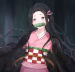  1girl bamboo bit_gag black_hair brown_hair commentary_request forehead gag gradient_hair hair_ribbon highres japanese_clothes kamado_nezuko kimetsu_no_yaiba kimono long_hair mouth_hold multicolored_hair pink_eyes pink_kimono pink_ribbon ribbon sarang_s2 sash solo tears two-tone_hair very_long_hair 