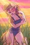  2019 absurd_res anthro breasts brown_hair canid canine canis clothed clothing digital_media_(artwork) dimmi_(character) dimwitdog domestic_dog eyewear female fur glasses green_eyes hair hi_res mammal outside overalls solo standing 