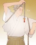  1boy ? bokuto_koutarou closed_mouth grey_hair haikyuu!! hakama holding japanese_clothes long_sleeves looking_away male_focus short_hair solo spiked_hair standing tassel vgmt wide_sleeves yellow_eyes 