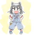  1girl :d alternate_costume animal_ears bangs black_eyes blush commentary common_raccoon_(kemono_friends) fang full_body grey_hair hand_on_hip kemono_friends legs_apart looking_at_viewer multicolored_hair open_mouth overall_shorts overalls panzuban raccoon_ears short_hair short_sleeves simple_background smile solo v-shaped_eyebrows yellow_background 