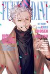  1boy alcohol arm_up black_sweater bokuto_koutarou brown_jacket champagne collar collared_jacket cover cup drink drinking_glass fake_magazine_cover grey_hair haikyuu!! hat holding holding_cup jacket long_sleeves looking_to_the_side magazine_cover male_focus mouth_hold open_clothes open_jacket open_mouth party party_hat short_hair simple_background slit_pupils smile solo spiked_hair sweater teeth turtleneck turtleneck_sweater ummm_mmma upper_body white_background wine_glass yellow_eyes 