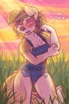  2019 absurd_res anthro breasts brown_hair canid canine canis clothed clothing dialogue digital_media_(artwork) dimmi_(character) dimwitdog domestic_dog english_text eyewear female fur glasses green_eyes hair hi_res mammal outside overalls solo standing text 