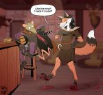  alcohol alfafilly bar_chair beverage blurred_background bodily_fluids canid canine digitigrade dripping_liquid eyes_closed female fox male mammal mounted_trophy murid murine rat rodent saliva sepia_the_rat sickle smile tavern text tixtapa_the_fox toad_(animal) touching_one_chest wine 