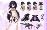  1girl absurdres ass_visible_through_thighs black_hair black_panties breasts bright_pupils censored character_sheet crop_top dress girls_frontline gloves hand_on_hip highres kac-pdw_(girls_frontline) long_hair multicolored_hair multiple_views navel novelty_censor panties purple_gloves see-through shanyao_jiang_tororo small_breasts standing streaked_hair thigh_strap underboob underwear very_long_hair 