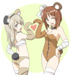  1girl ;d animal_ears bandaged_arm bandaged_leg bandages bangs bear_ears bear_tail bikini black_collar boko_(girls_und_panzer) bow breasts brown_bikini brown_eyes brown_legwear brown_leotard cleavage collar commentary dog_collar eyebrows_visible_through_hair fake_animal_ears fake_tail from_behind girls_und_panzer hair_bow hand_on_hip heart heart_hands leotard light_brown_eyes light_brown_hair long_hair looking_back medium_breasts nishizumi_miho one_eye_closed one_side_up open_mouth sarashi shimada_arisu short_hair smile solo strapless strapless_leotard swimsuit symbol_commentary symmetrical_hand_pose tail tewarusa thighhighs white_bow 