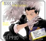  1boy animal ball bird birthday black_hair black_jacket black_pants bokuto_koutarou buttons character_name closed_mouth collar collared_jacket collared_shirt cupi dated formal gloves grey_hair haikyuu!! hand_on_own_cheek hand_on_own_head happy_birthday holding holding_ball jacket long_sleeves looking_to_the_side male_focus multicolored_hair owl pants paper paperclip shirt short_hair simple_background sleeves_rolled_up smile solo spiked_hair striped suit two-tone_hair white_background white_gloves white_shirt 