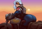  1girl armor ass back backboob backpack bag blaz_b._aros blazbaros bodysuit breast_press breasts desert elbow_pads fair_skin forehead_ridges genestealer goggles goggles_on_head ground_vehicle gun handgun high_collar holstered_weapon huge_ass huge_breasts imperium_of_man motor_vehicle motorcycle pistol purple_eyes purple_lips seductive_smile sideboob smile thick_thighs thighs warhammer_40k weapon white_hair wide_hips 