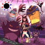  1girl animal_ears arao black_hair cofagrigus earrings erune gengar granblue_fantasy highres jewelry mimikyu nier_(granblue_fantasy) pokemon pokemon_(creature) polteageist red_eyes ribbon robe sableye sandals skirt stadium 