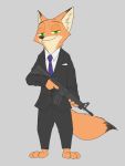  2016 3_toes 4_fingers anthro barefoot biped bottomwear canid canine clothed clothing dipstick_ears dipstick_tail disney fingers fox front_view fully_clothed fur green_eyes grey_background gun holding_gun holding_object holding_weapon jacket looking_at_viewer male mammal multicolored_ears multicolored_tail necktie nick_wilde orange_body orange_fur pants ranged_weapon shirt simple_background smile solo standing swetpot toes topwear weapon zootopia 