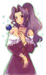  1girl bangle bare_shoulders blush bracelet breasts choker dress hair_intakes hand_up jewelry long_hair looking_at_viewer marupeke mavelle_froessen orb ponytail purple_dress simple_background sketch small_breasts solo standing star_ocean star_ocean_first_departure white_background 